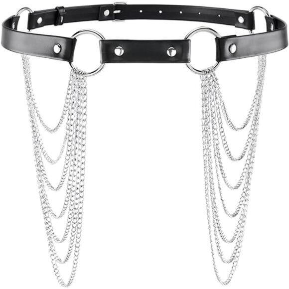 Women\'s Waist Chain Belt Punk Black Leather Body Accessories Adjustable